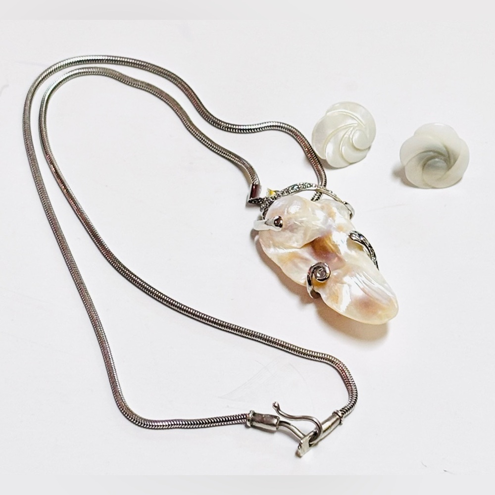Baroque Pearl Pendant Necklace And Carved Mother Of Pearl Earrings